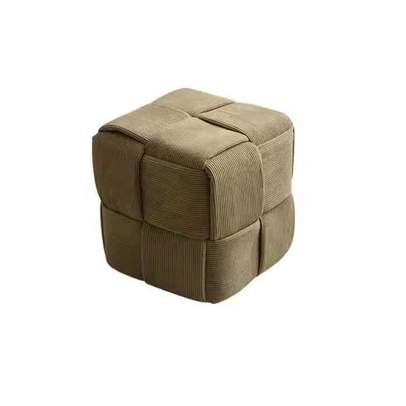 Contemporary Nordic Corduroy Solid Wood Square Cube Low Stool With Anti-Slip Feet For Bedroom & Living Room