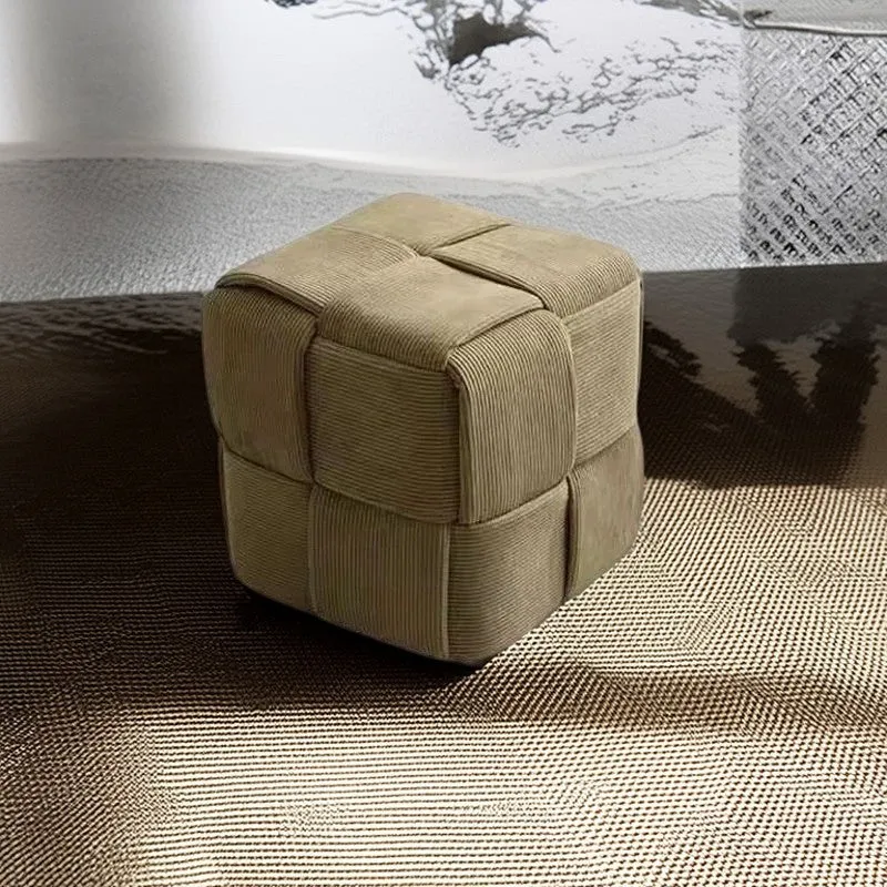 Contemporary Nordic Corduroy Solid Wood Square Cube Low Stool With Anti-Slip Feet For Bedroom & Living Room
