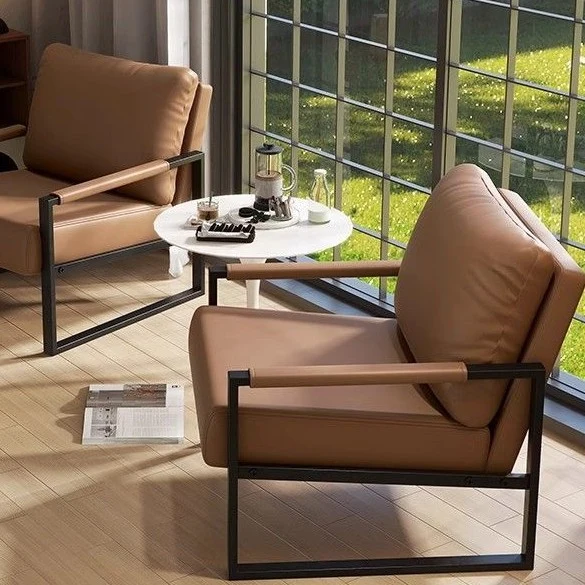 Contemporary Nordic Faux Nappa Leather & Iron Square Accent Chair For Bedroom & Living Room