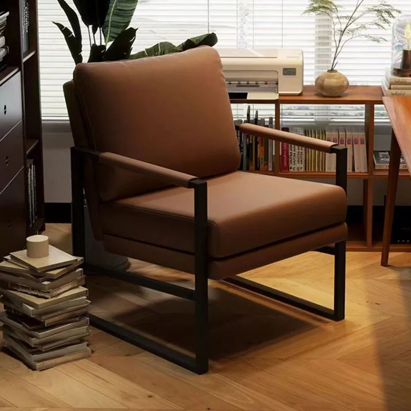Contemporary Nordic Faux Nappa Leather & Iron Square Accent Chair For Bedroom & Living Room