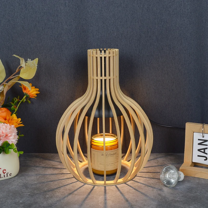 Traditional Japanese Wood & Iron Round 1-Light Melting Wax Table Lamp For Bedroom & Living Room
