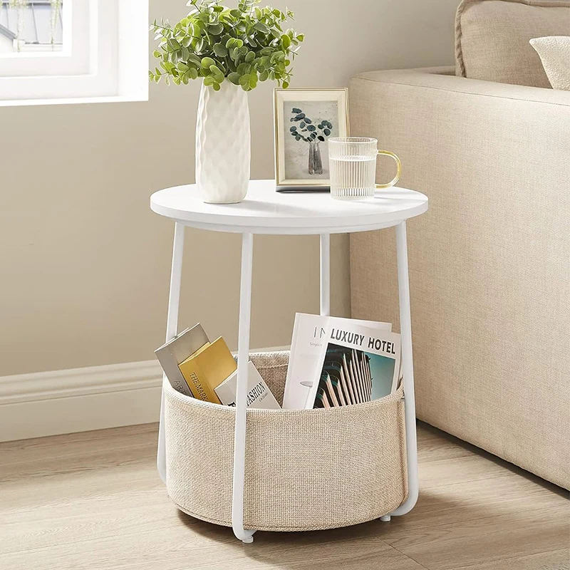 Modern Minimalist Metal Round Side Table With Fabric Basket Storage 2-Tier For Bedroom & Living Room