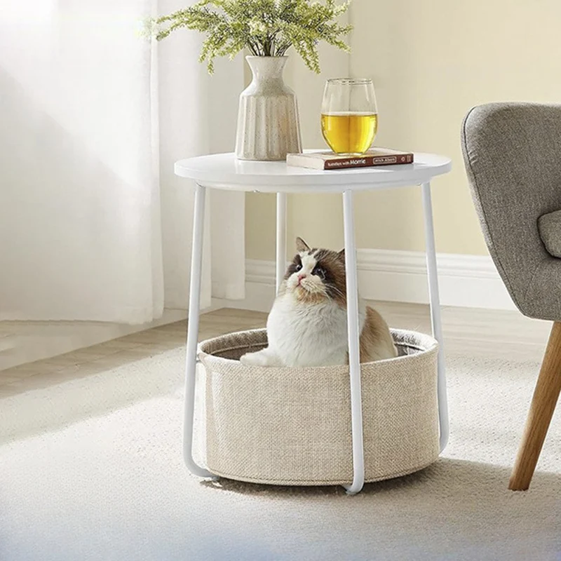 Modern Minimalist Metal Round Side Table With Fabric Basket Storage 2-Tier For Bedroom & Living Room