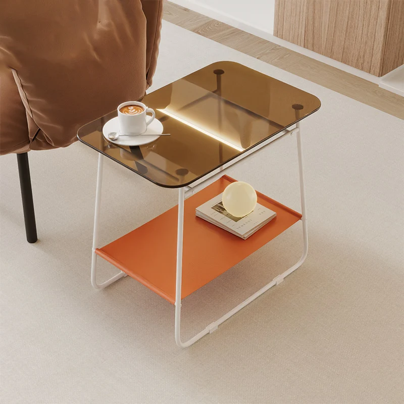 Modern Minimalist Glass & Carbon Steel Rectangular Side Table With 2-Tier Storage For Bedroom & Living Room
