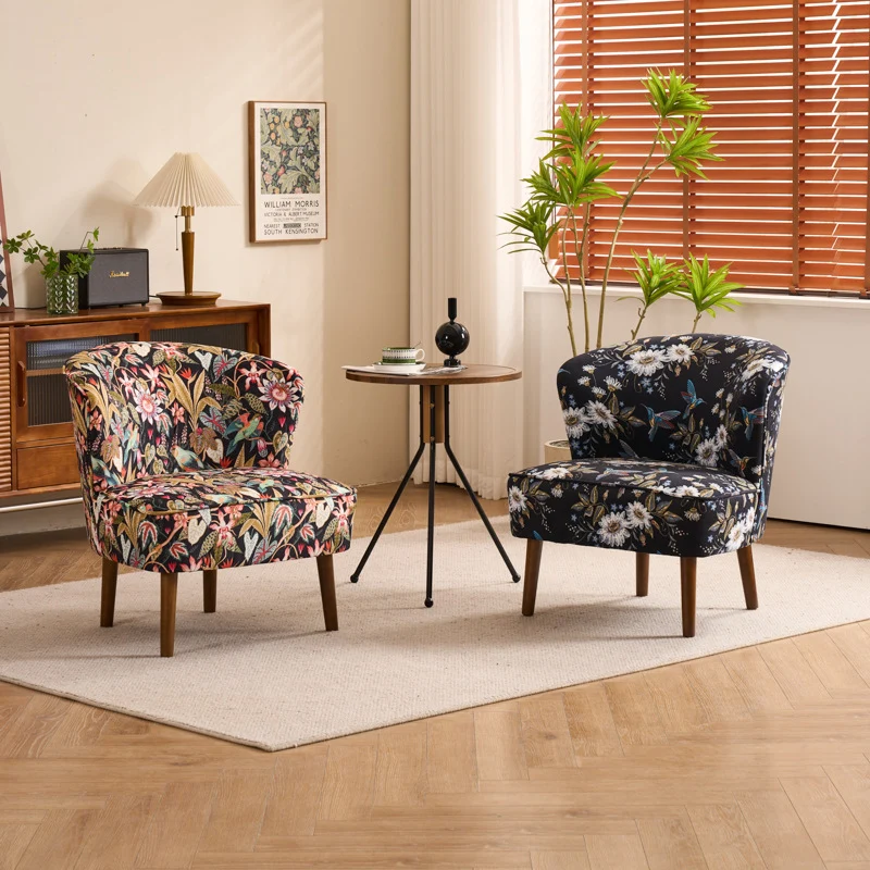 Traditional French Fabric, Corduroy & Wood Square Curved Accent Chair For Bedroom And Living Room