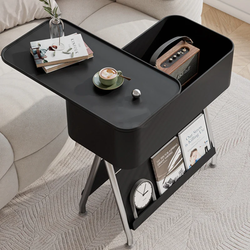 Contemporary Scandinavian Rotatable Plywood Iron Rectangular Tray Top Storage Cabinet Side Table Double-Sided Magazine Rack With Wheels For Living Room