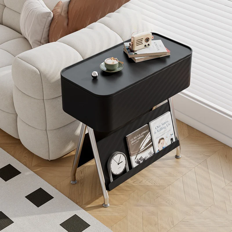 Contemporary Scandinavian Rotatable Plywood Iron Rectangular Tray Top Storage Cabinet Side Table Double-Sided Magazine Rack With Wheels For Living Room