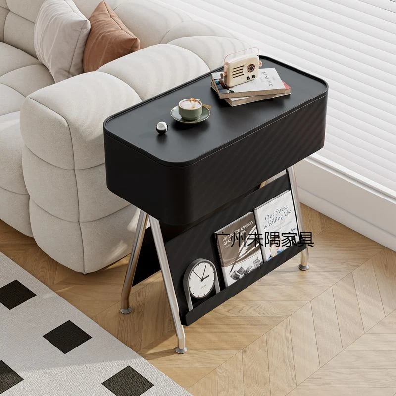 Contemporary Scandinavian Rotatable Plywood Iron Rectangular Tray Top Storage Cabinet Side Table Double-Sided Magazine Rack With Wheels For Living Room