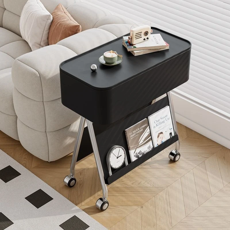 Contemporary Scandinavian Rotatable Plywood Iron Rectangular Tray Top Storage Cabinet Side Table Double-Sided Magazine Rack With Wheels For Living Room
