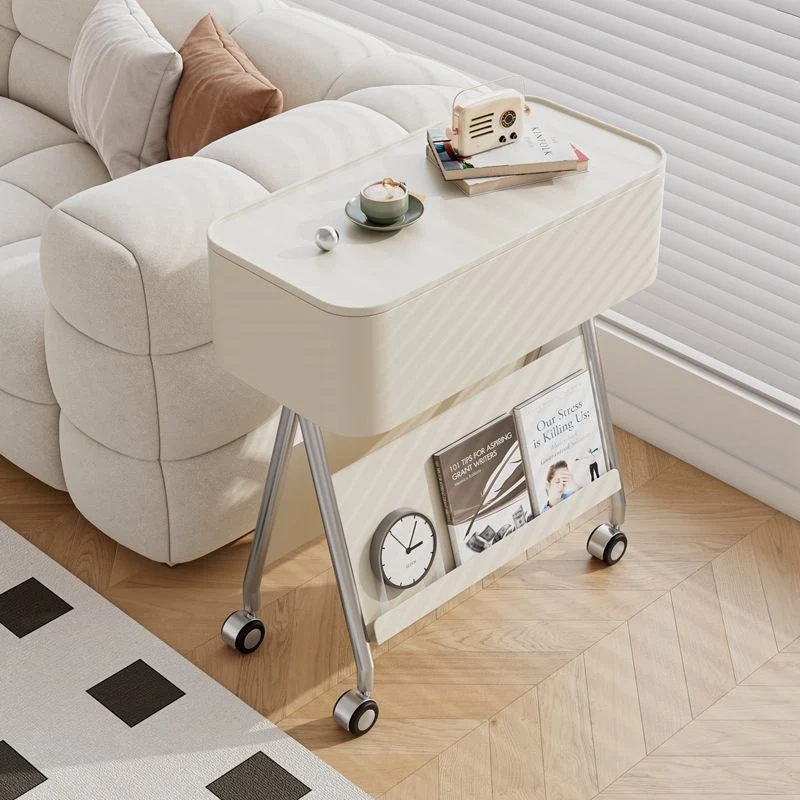 Contemporary Scandinavian Rotatable Plywood Iron Rectangular Tray Top Storage Cabinet Side Table Double-Sided Magazine Rack With Wheels For Living Room