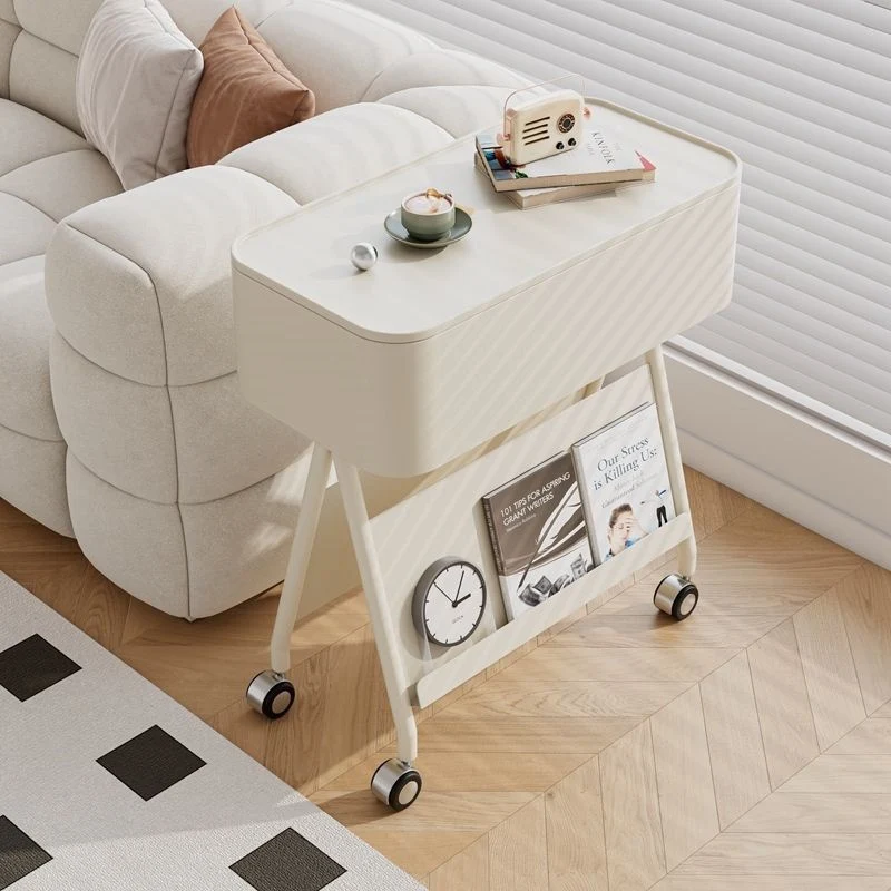Contemporary Scandinavian Rotatable Plywood Iron Rectangular Tray Top Storage Cabinet Side Table Double-Sided Magazine Rack With Wheels For Living Room