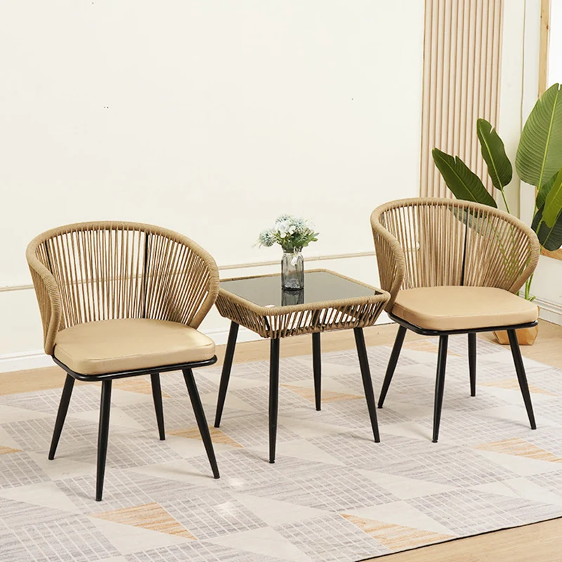 Traditional Chinese Rattan Cotton Metal Hollow Semi-Round Accent Chair With Backrest For Living Room