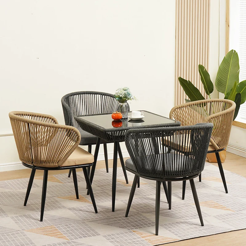 Traditional Chinese Rattan Cotton Metal Hollow Semi-Round Accent Chair With Backrest For Living Room