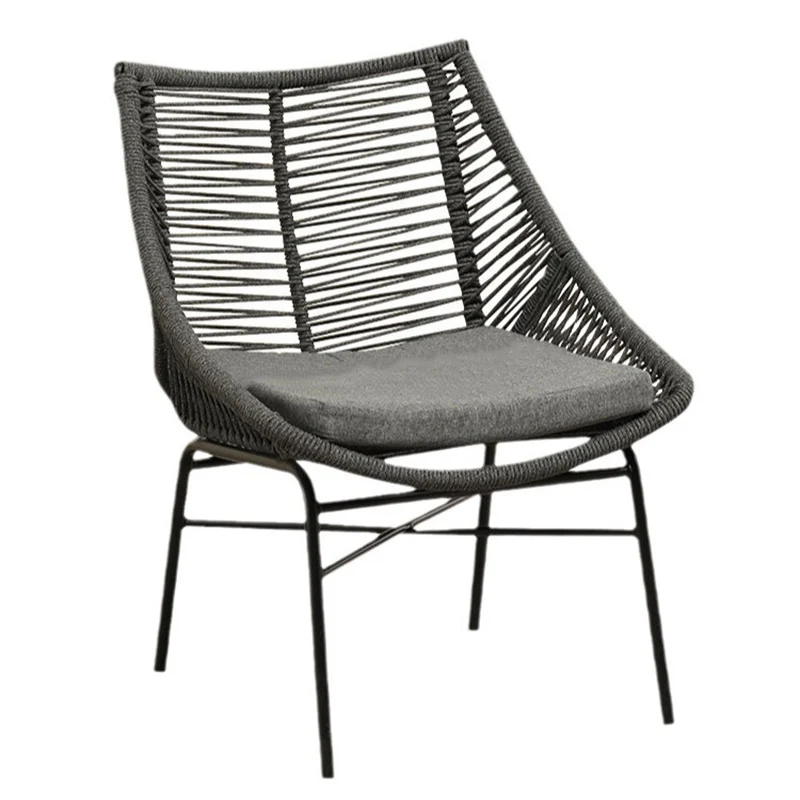 Traditional Chinese Rattan Cotton Metal Hollow Semi-Round Accent Chair With Backrest For Living Room