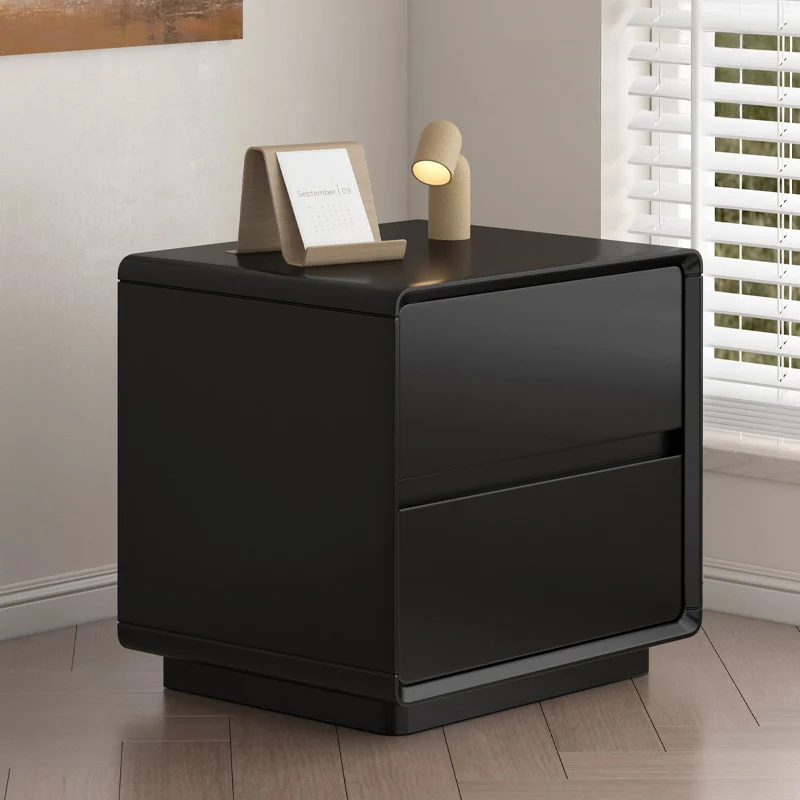 Modern Minimalist Solid Wood Plywood Rounded Square Nightstand 2-Drawer For Bedroom
