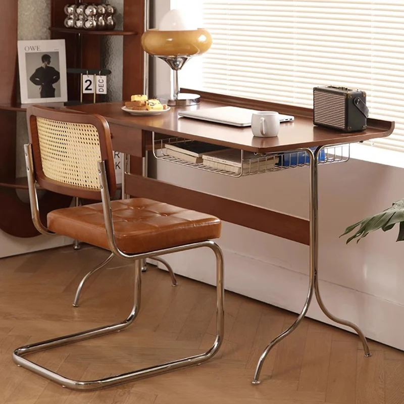 Traditional Mid-Century Cherry Wood Stainless Steel Y-Shaped Rectangular Desk 1-Tier For Bedroom
