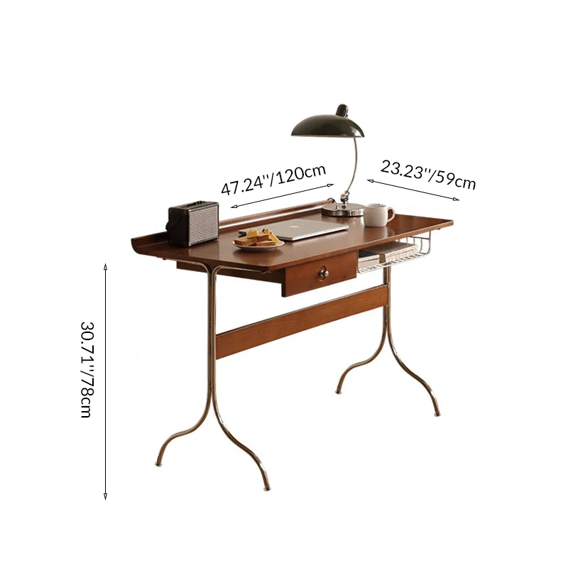 Traditional Mid-Century Cherry Wood Stainless Steel Y-Shaped Rectangular Desk 1-Tier For Bedroom