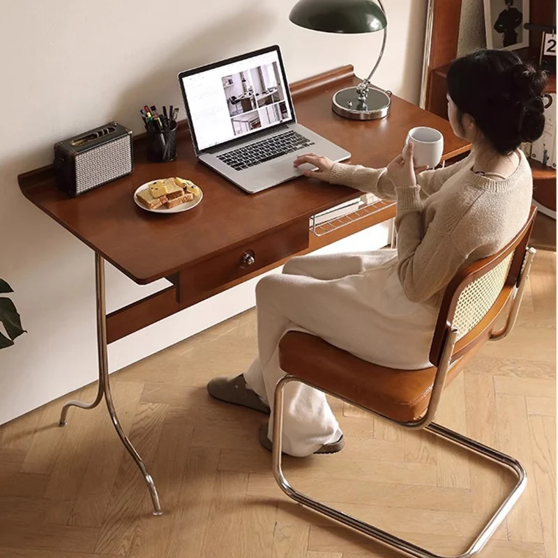 Traditional Mid-Century Cherry Wood Stainless Steel Y-Shaped Rectangular Desk 1-Tier For Bedroom