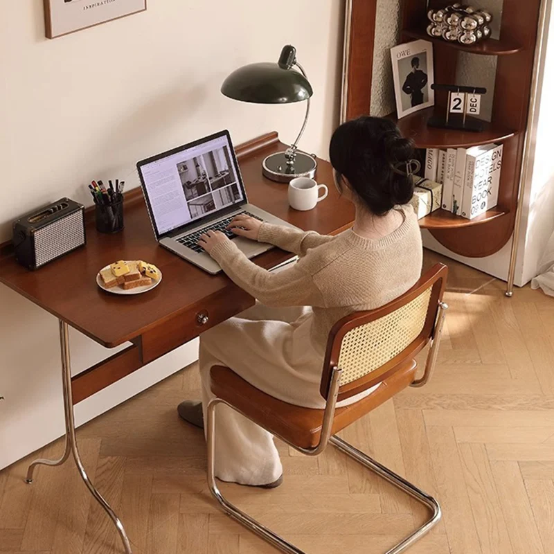 Traditional Mid-Century Cherry Wood Stainless Steel Y-Shaped Rectangular Desk 1-Tier For Bedroom