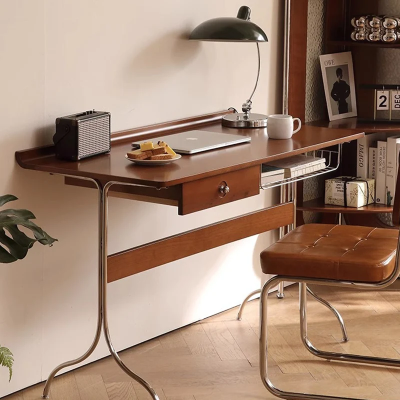 Traditional Mid-Century Cherry Wood Stainless Steel Y-Shaped Rectangular Desk 1-Tier For Bedroom