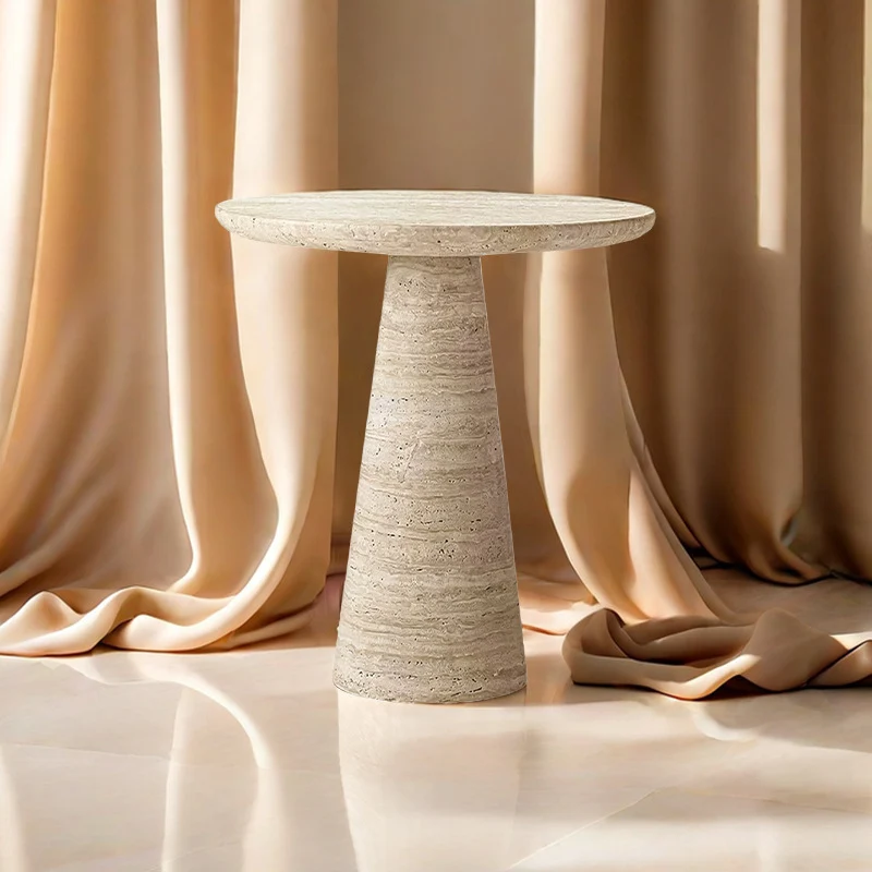 Contemporary Scandinavian Natural Travertine Round Conical End Table 1-Tier For Living Room