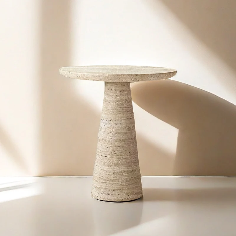 Contemporary Scandinavian Natural Travertine Round Conical End Table 1-Tier For Living Room