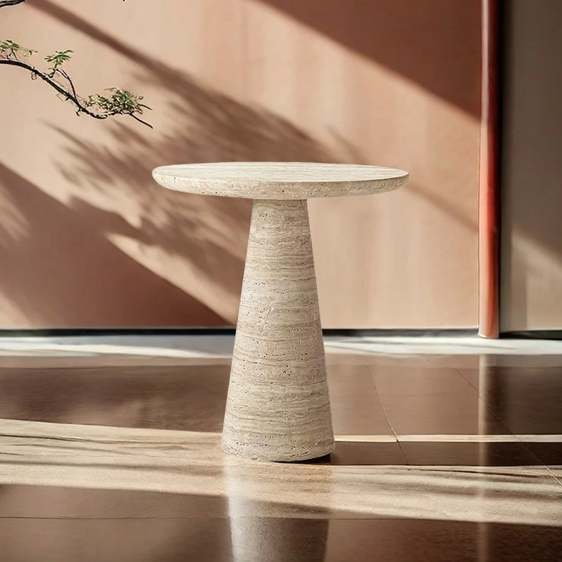Contemporary Scandinavian Natural Travertine Round Conical End Table 1-Tier For Living Room