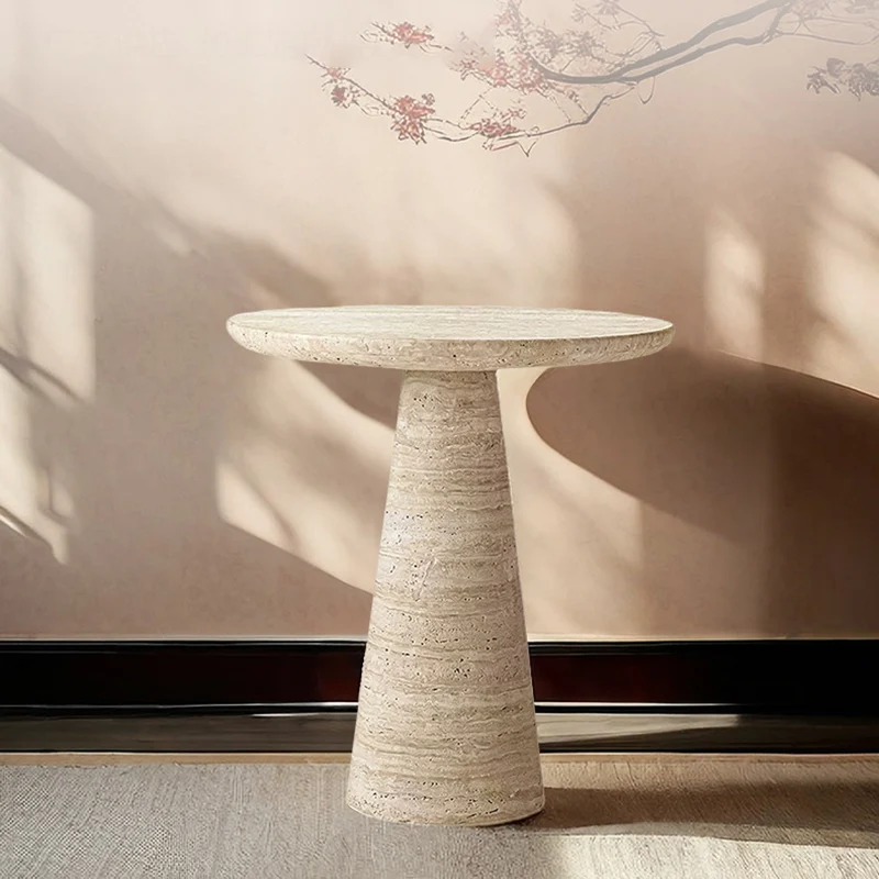Contemporary Scandinavian Natural Travertine Round Conical End Table 1-Tier For Living Room