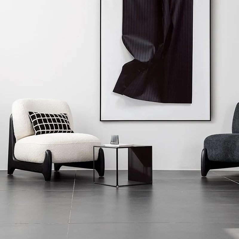 Contemporary Scandinavian Sherpa Fabric Velvet Solid Wood Curved Square Accent Chair With Backrest For Living Room