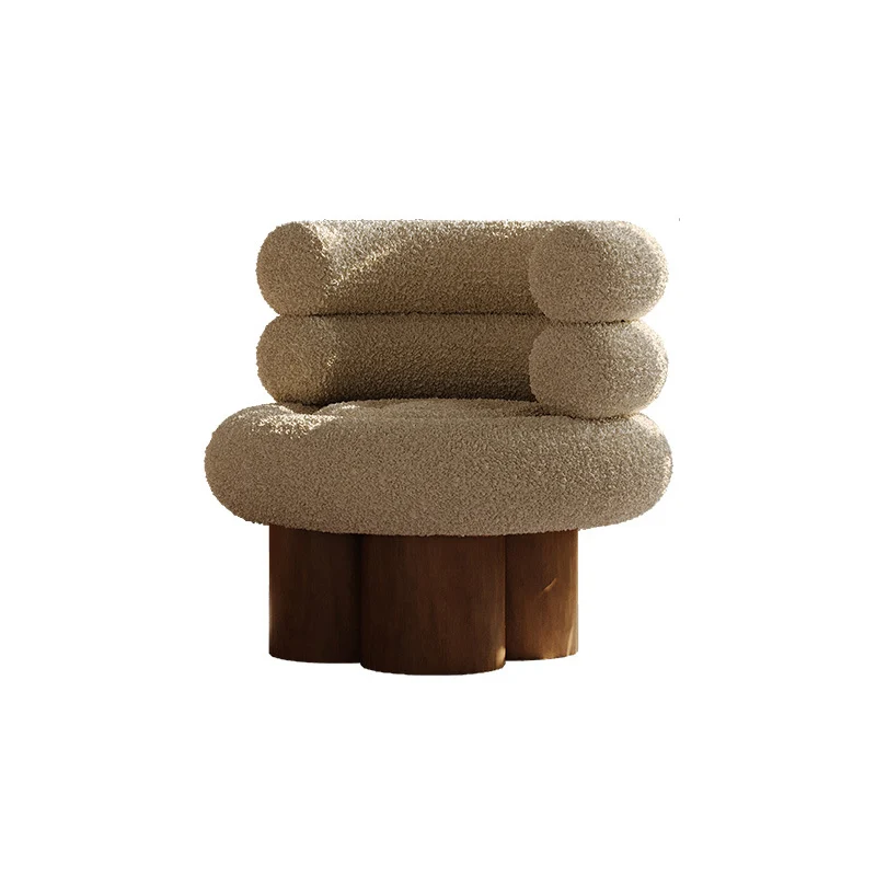 Traditional French Teddy Fleece Carbon Steel Solid Wood Curved Round Cylindrical Accent Chair With Backrest For Living Room