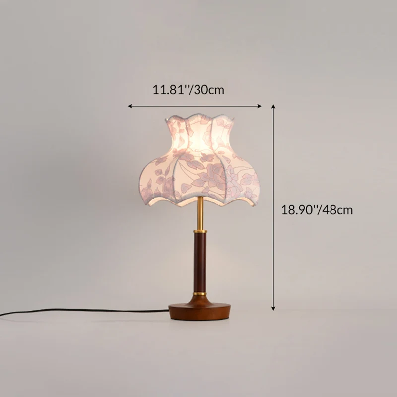 Traditional Vintage Flower-shaped Metal Wood Fabric 1-Light Table Lamp For Bedroom