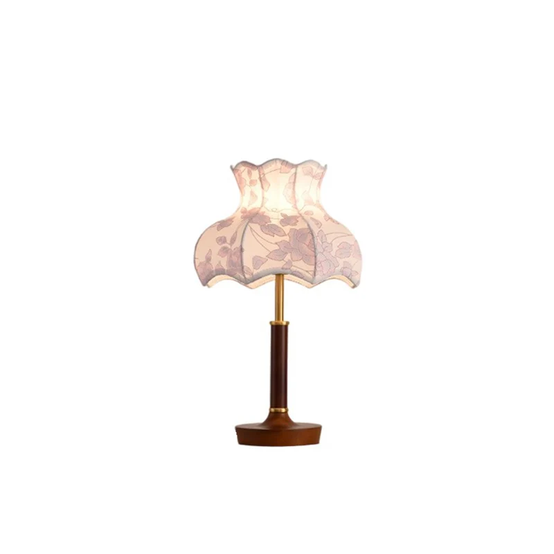 Traditional Vintage Flower-shaped Metal Wood Fabric 1-Light Table Lamp For Bedroom