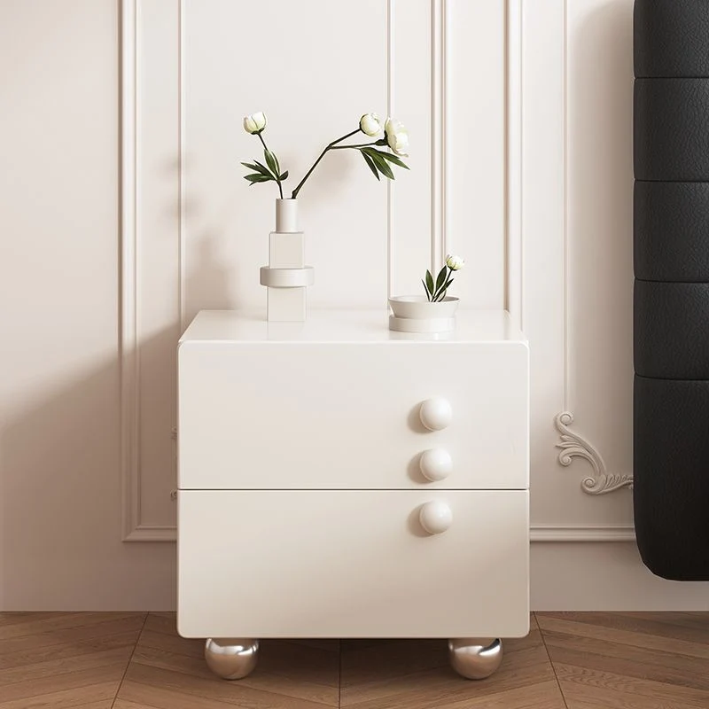 Modern Luxury Medium-Density Fiberboard Wood Stainless Steel Ball-Shaped Square Nightstand 2-Drawer For Bedroom