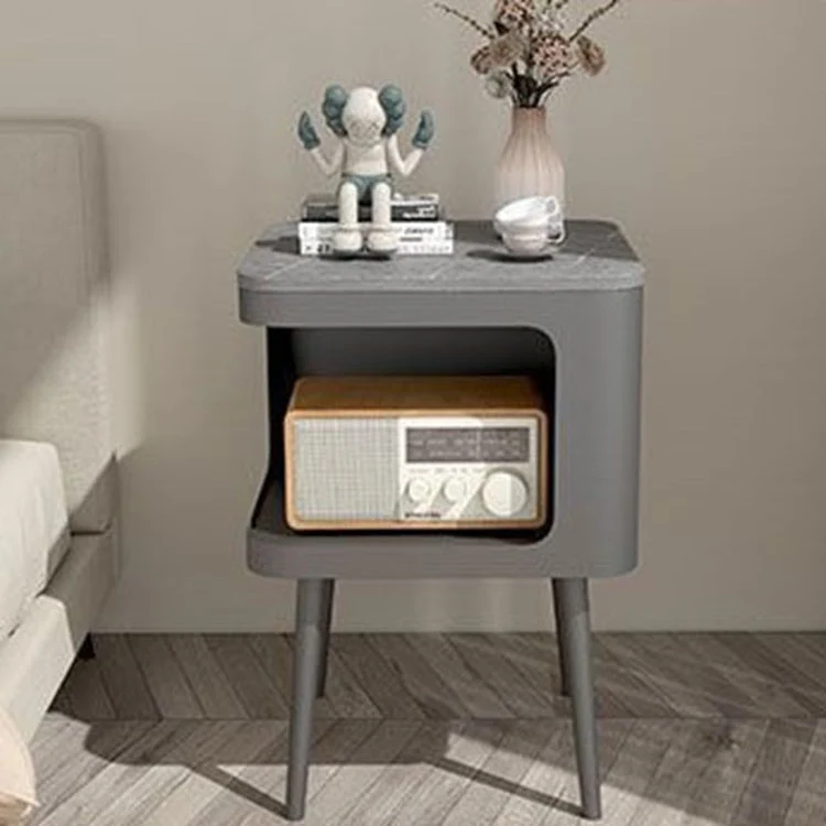 Contemporary Scandinavian Sintered Stone Iron Rounded Square Cylinder End Table With 2 Tiers For Living Room
