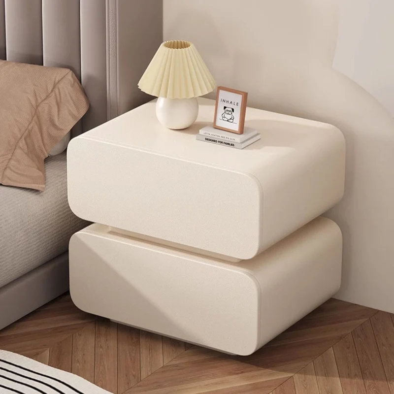 Modern Minimalist Faux Nappa Leather Solid Wood Rounded Rectangular Nightstand With 2 Drawers For Bedroom