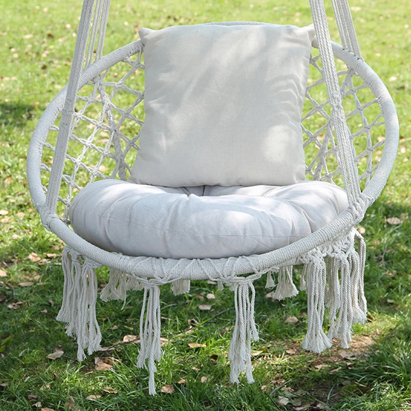 Contemporary Coastal Round Cotton Rope Steel Outdoor Hanging Chair Backrest Armless For Garden