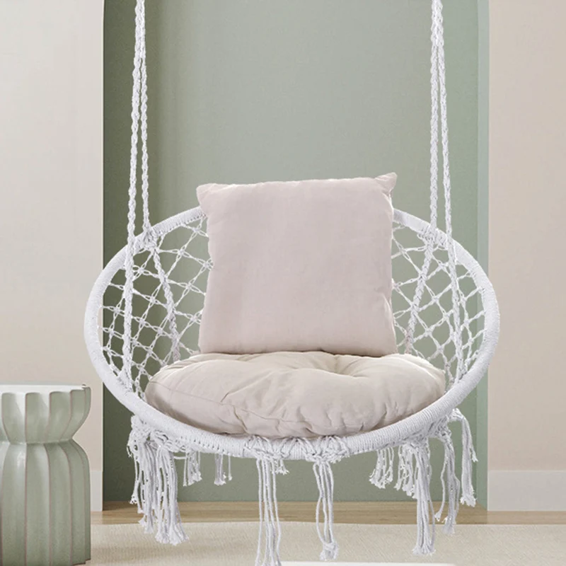 Contemporary Coastal Round Cotton Rope Steel Outdoor Hanging Chair Backrest Armless For Garden