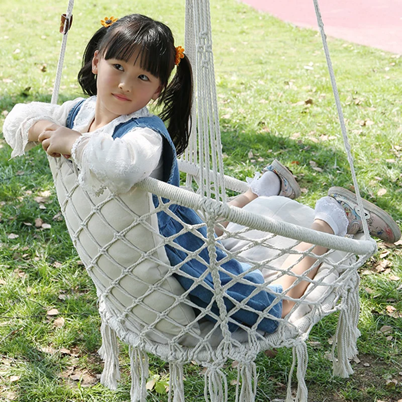 Contemporary Coastal Round Cotton Rope Steel Outdoor Hanging Chair Backrest Armless For Garden