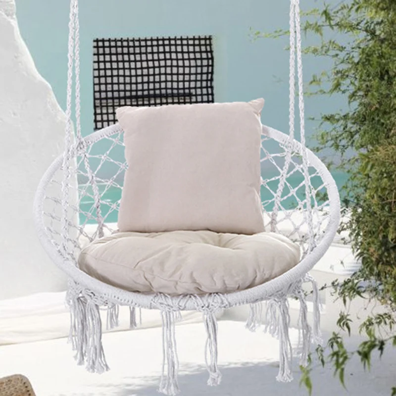 Contemporary Coastal Round Cotton Rope Steel Outdoor Hanging Chair Backrest Armless For Garden
