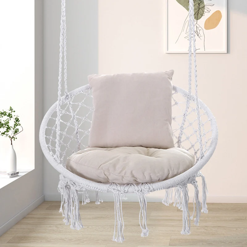 Contemporary Coastal Round Cotton Rope Steel Outdoor Hanging Chair Backrest Armless For Garden