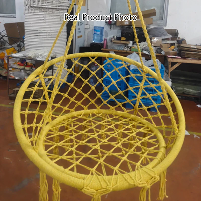 Contemporary Coastal Round Cotton Rope Steel Outdoor Hanging Chair Backrest Armless For Garden