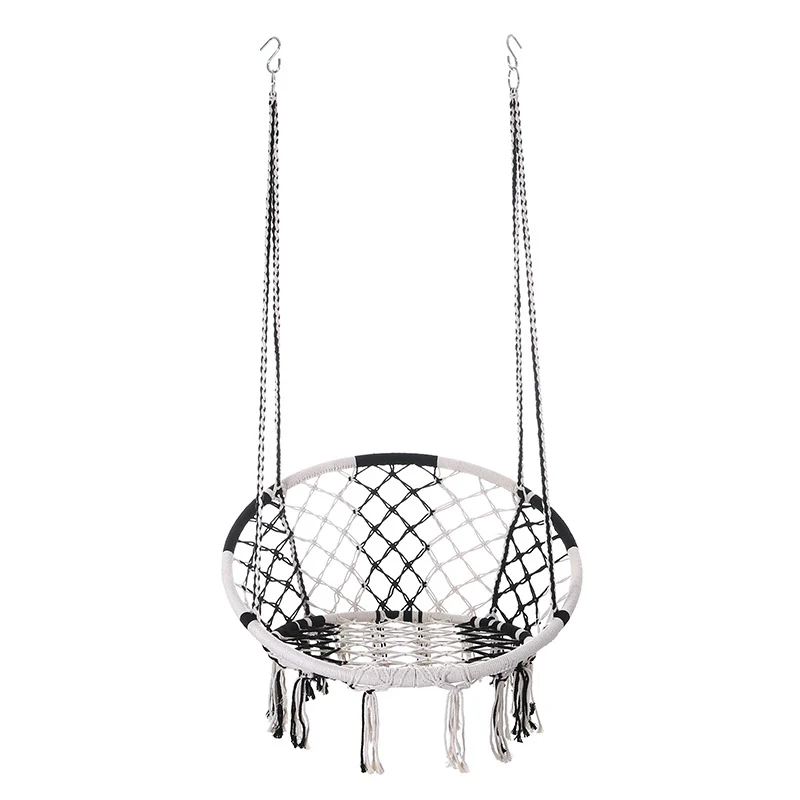 Contemporary Coastal Round Cotton Rope Steel Outdoor Hanging Chair Backrest Armless For Garden