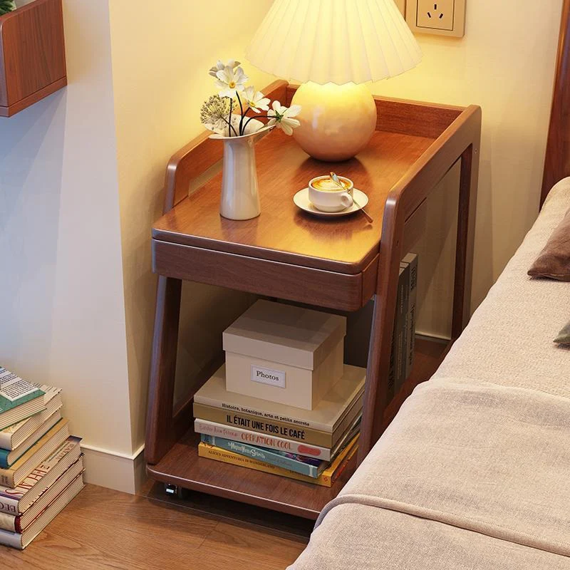 Modern Minimalist Trapezoid Rubberwood Pine Wood Movable End Table 2-Tier For Bedroom