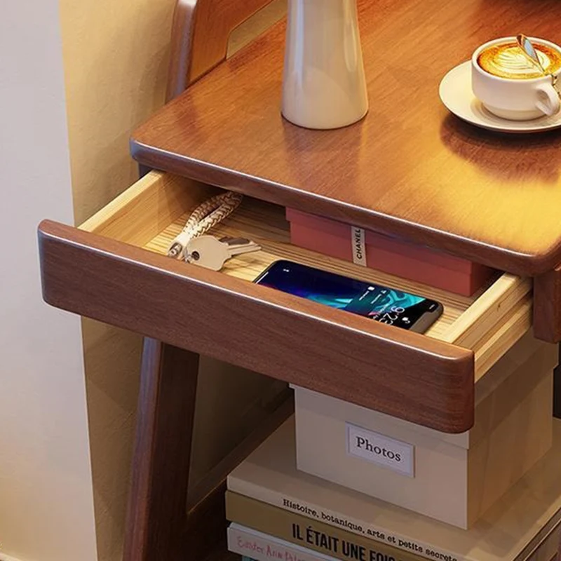 Modern Minimalist Trapezoid Rubberwood Pine Wood Movable End Table 2-Tier For Bedroom