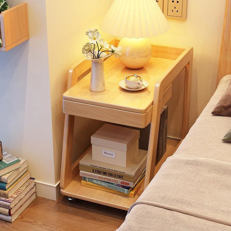 Modern Minimalist Trapezoid Rubberwood Pine Wood Movable End Table 2-Tier For Bedroom