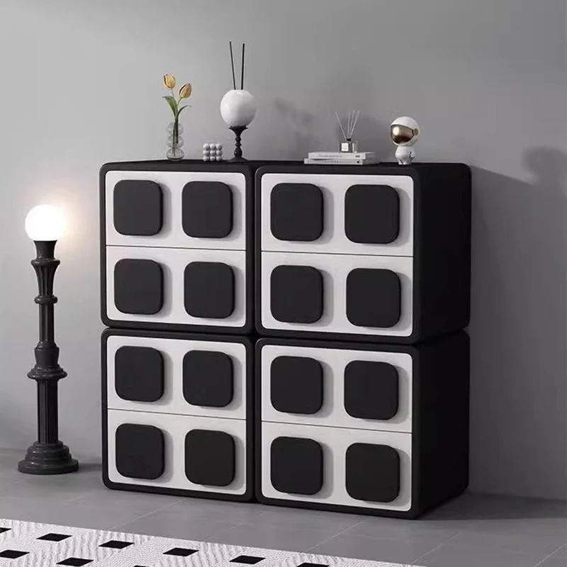 Modern Minimalist Square Plywood Solid Wood Faux Leather Metal Nightstand 2-Drawer For Bedroom