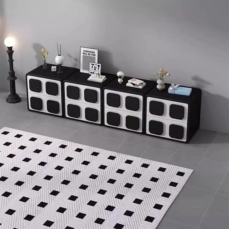 Modern Minimalist Square Plywood Solid Wood Faux Leather Metal Nightstand 2-Drawer For Bedroom