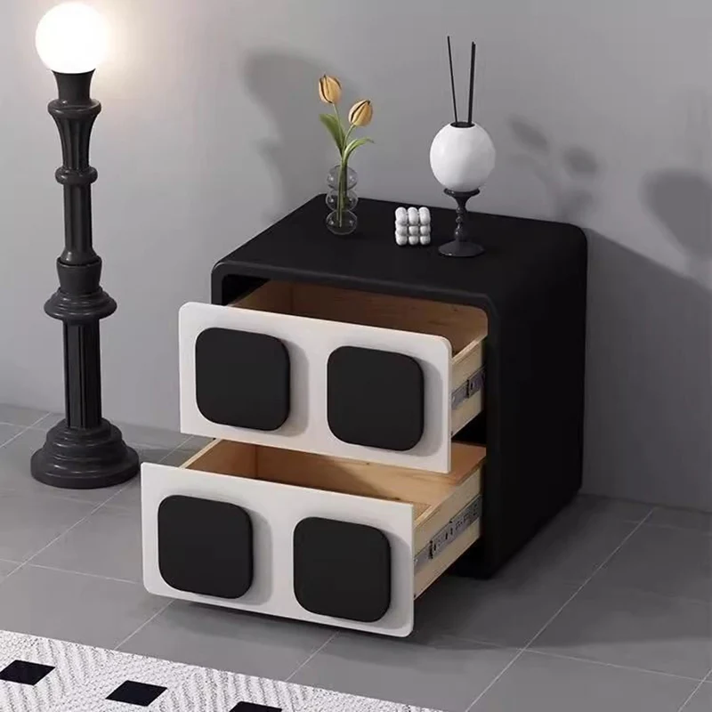 Modern Minimalist Square Plywood Solid Wood Faux Leather Metal Nightstand 2-Drawer For Bedroom
