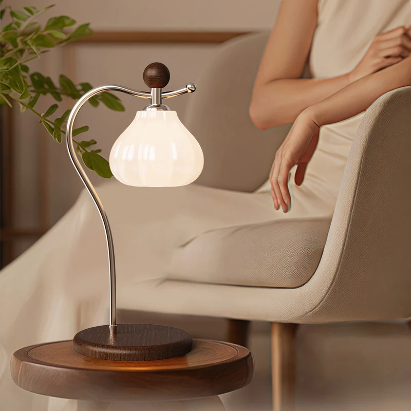 Traditional French Flower Bud Glass Shade Wood Iron LED Table Lamp For Bedroom