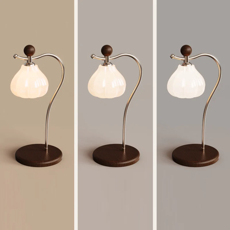 Traditional French Flower Bud Glass Shade Wood Iron LED Table Lamp For Bedroom
